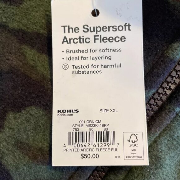 SONOMA MEN'S ARCTIC FLEECE FULL ZIP-UP JACKET GREEN CAMO CAMOUFLAGE NEW $50 - Picture 4 of 4